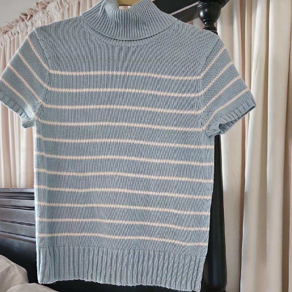 Blue and White Striped Turtleneck Sweater
